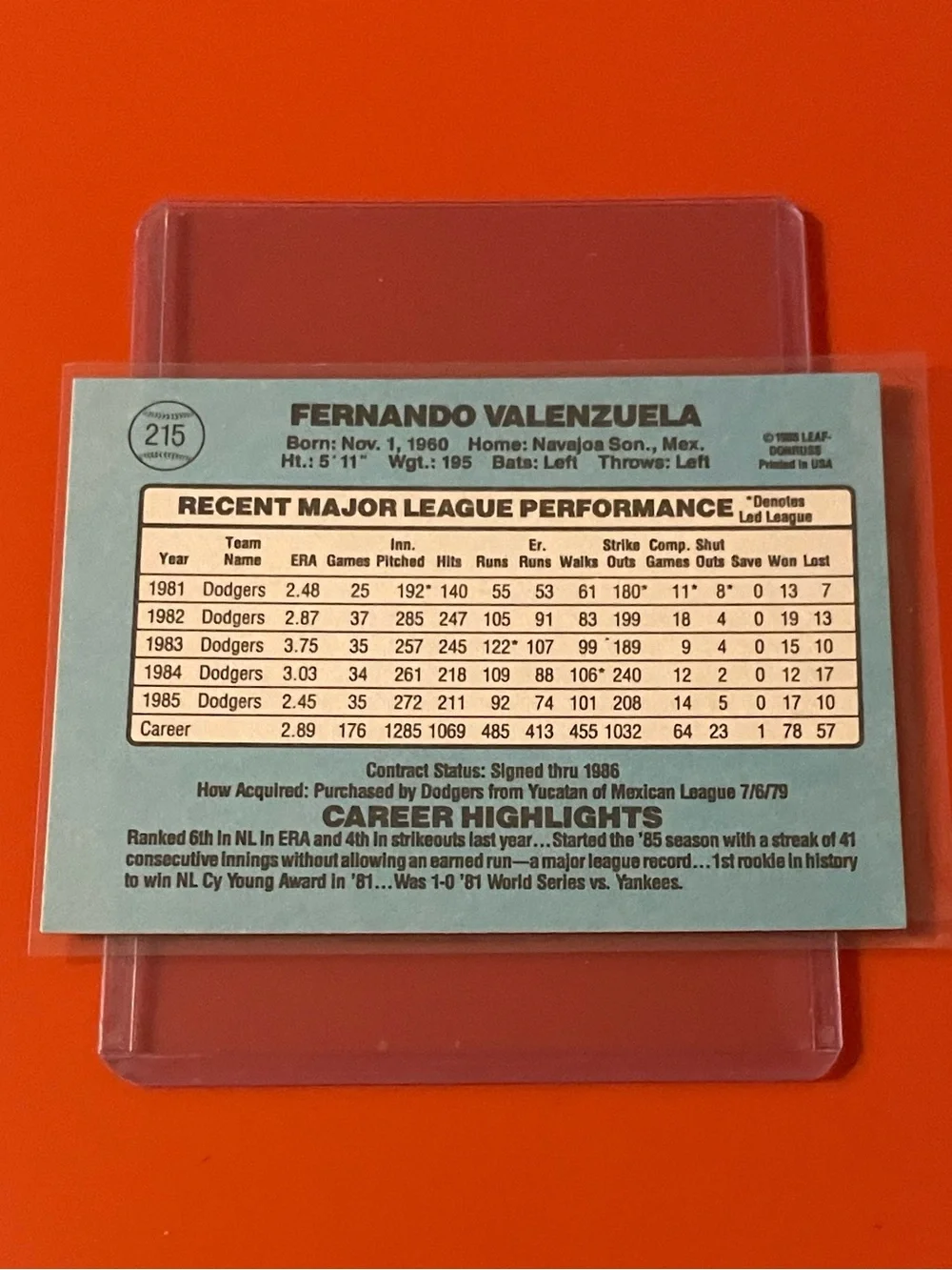 Fernando Valenzuela #215 1986 Donruss Baseball Trading Card